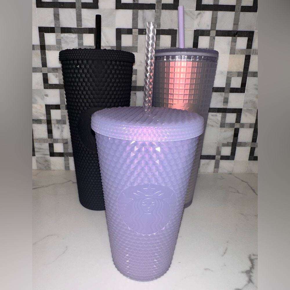 Starbucks Trio of Textured Tumblers in Black, Lavender, and Metallic